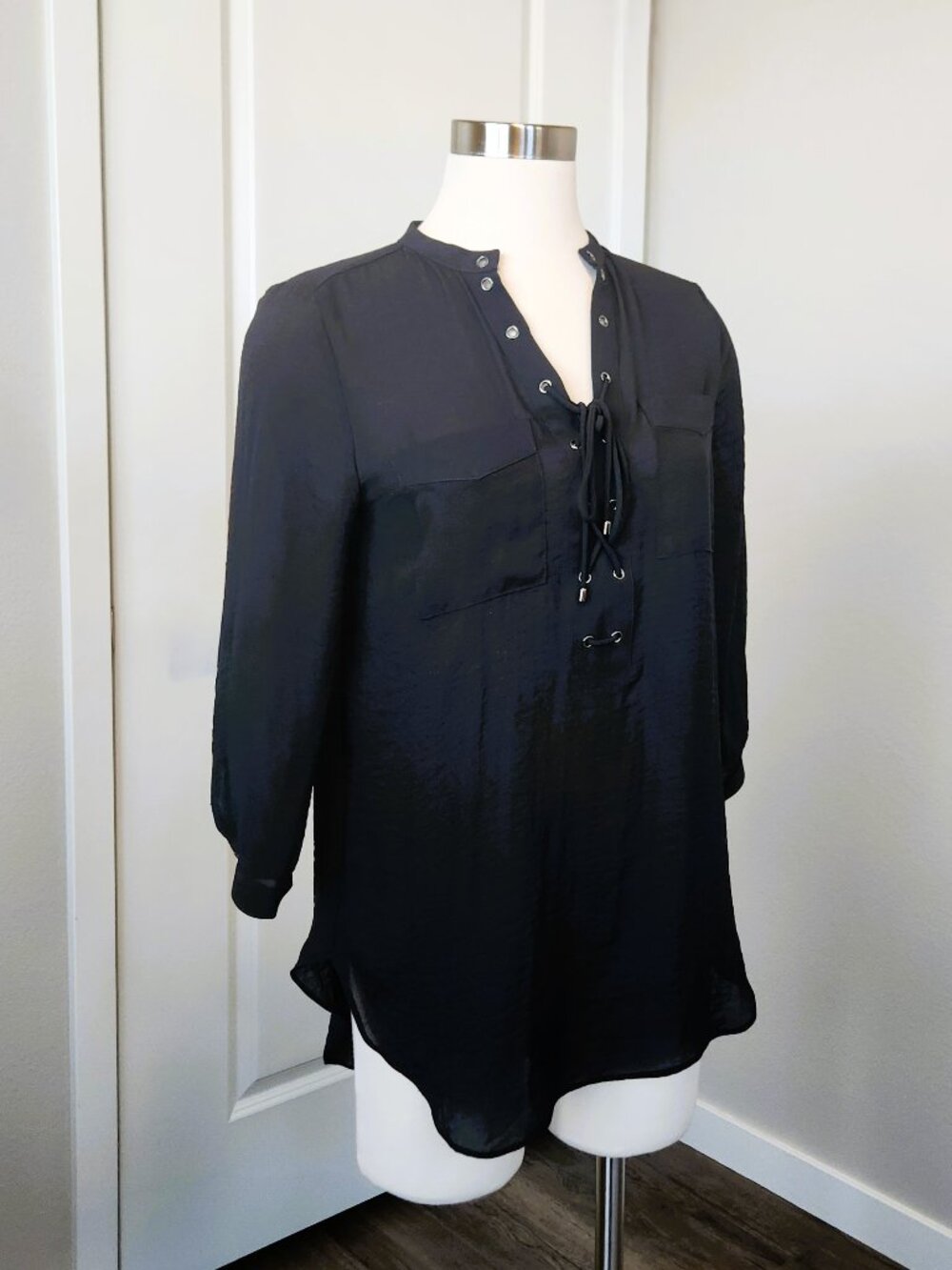 a.n.a. Black Lace Up Tunic Blouse Small NWT Long Sleeve Boho Top